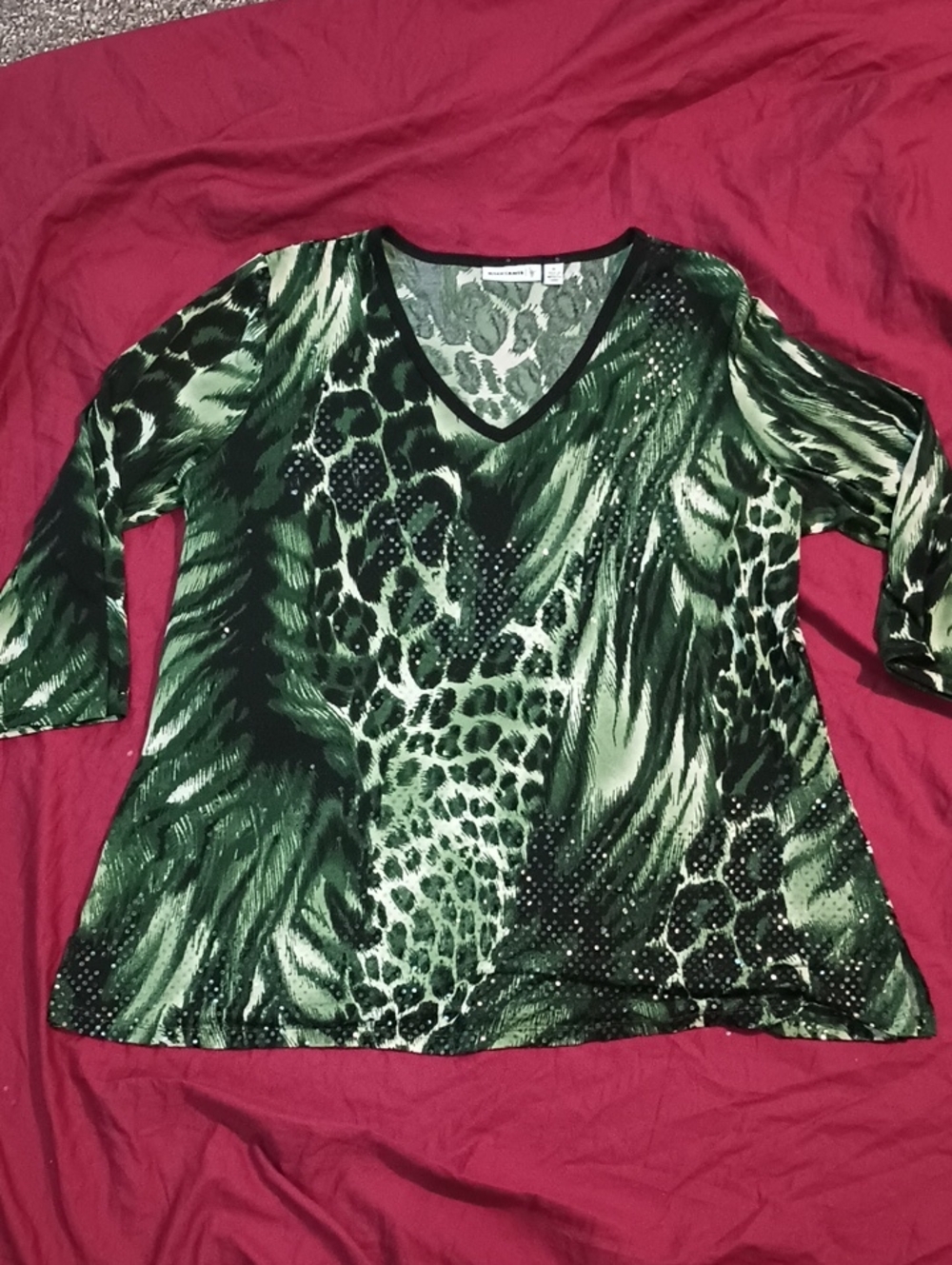 Susan Graver Green Animal-Print V-Neck Long Sleeve Top With Sequins Woman's XL - Picture 2 of 10